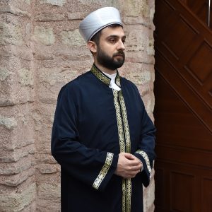 Imam Robe Navy with Yellow Trim Snap Fastener