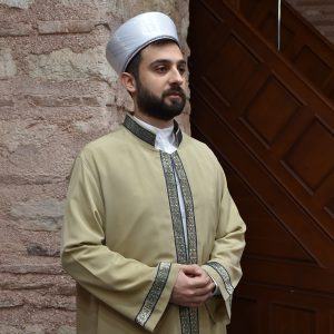 Imam Robe Milky Coffee with Navy Blue Border